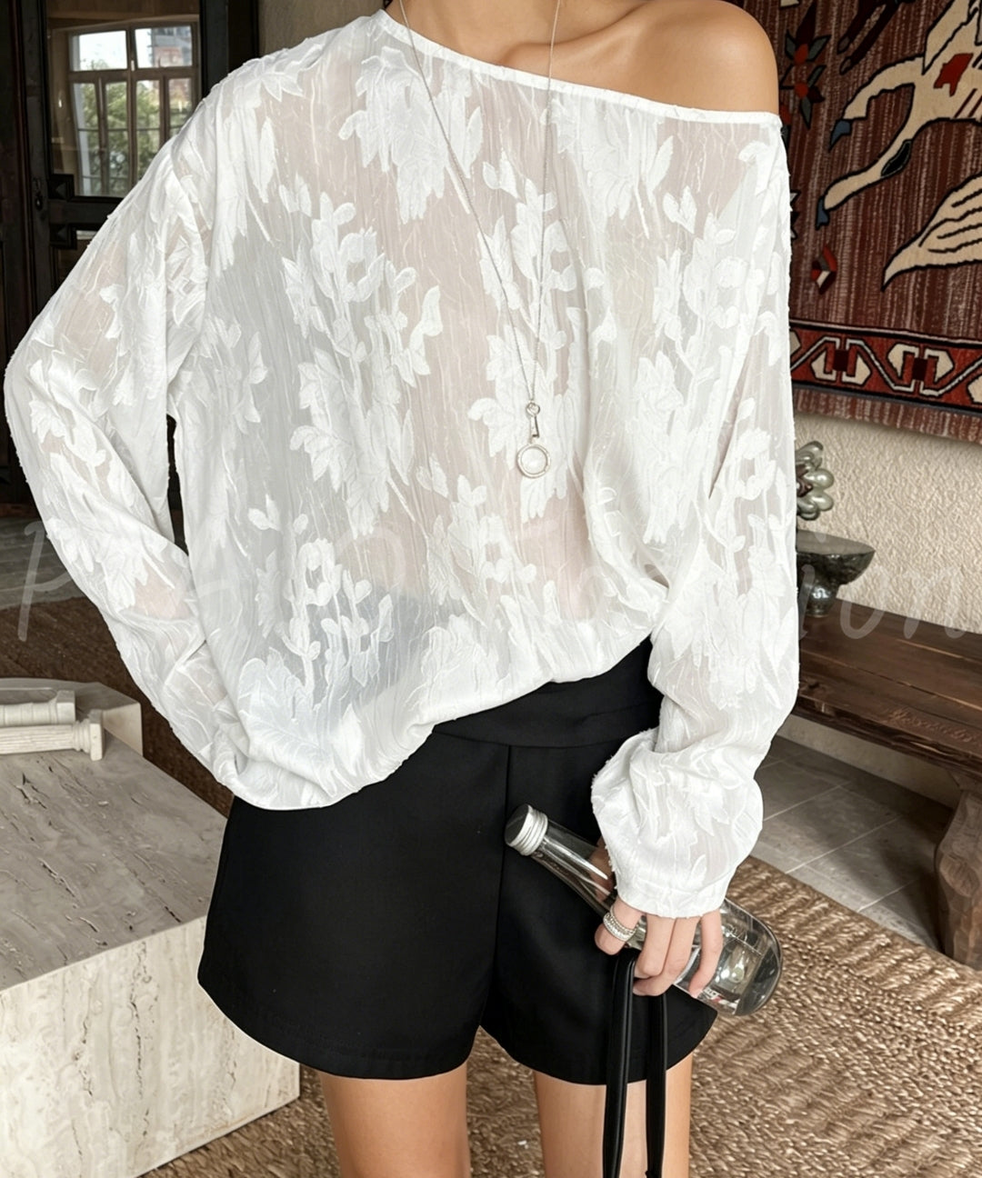 French One-Shoulder Jacquard Long Sleeve Top[Available Now]