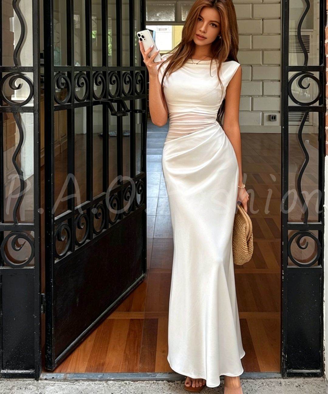 Mesh Panel Satin Maxi Dress