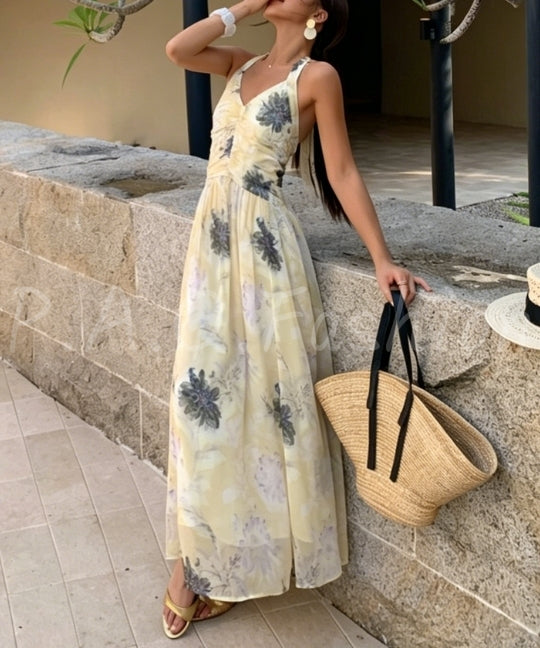 Floral Halter V-Neck Maxi Dress