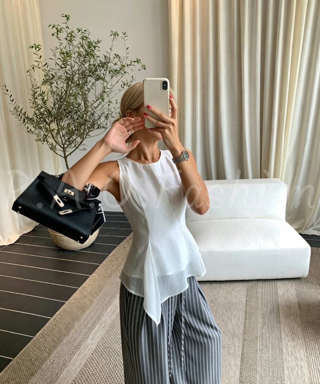 Asymmetrical Waist-Detail Sleeveless Top & Striped Wide-Leg Two-Piece Set