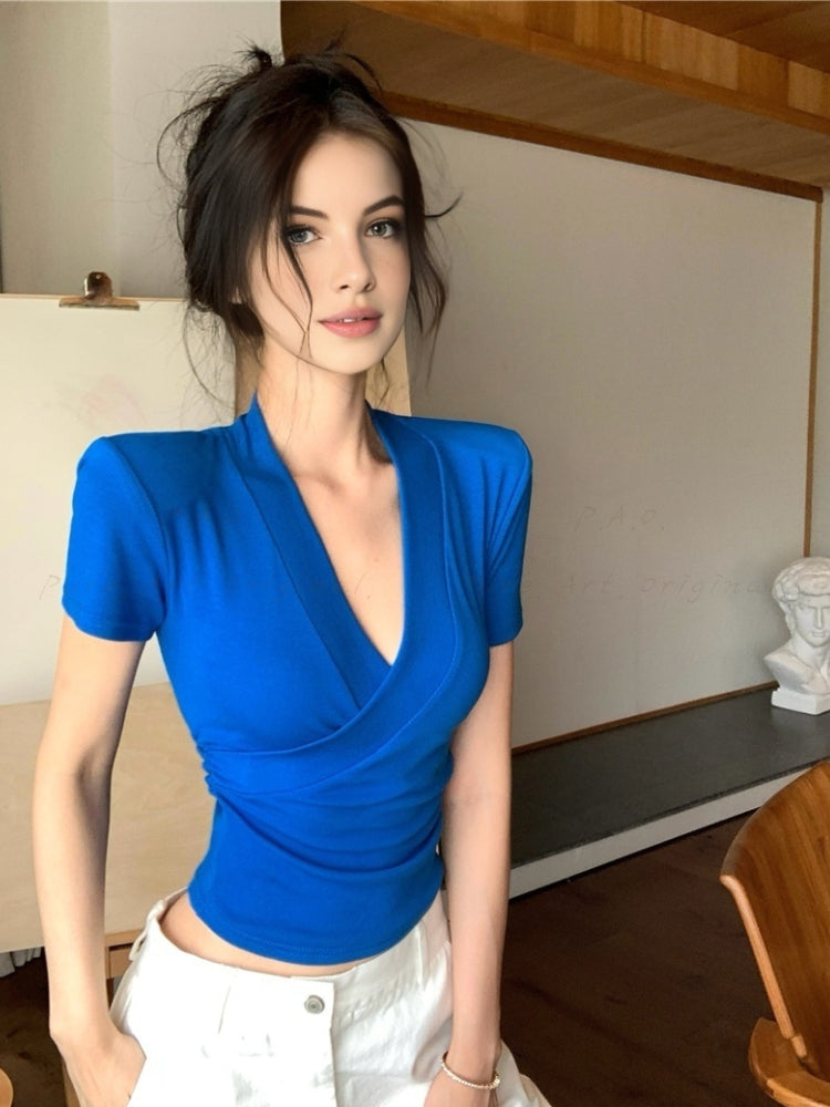 Cross-Front V-Neck Short Sleeve T-Shirt