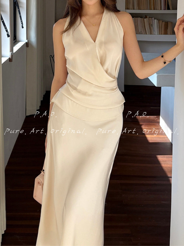 ELARA SATIN HALTER TWO-PIECE SET