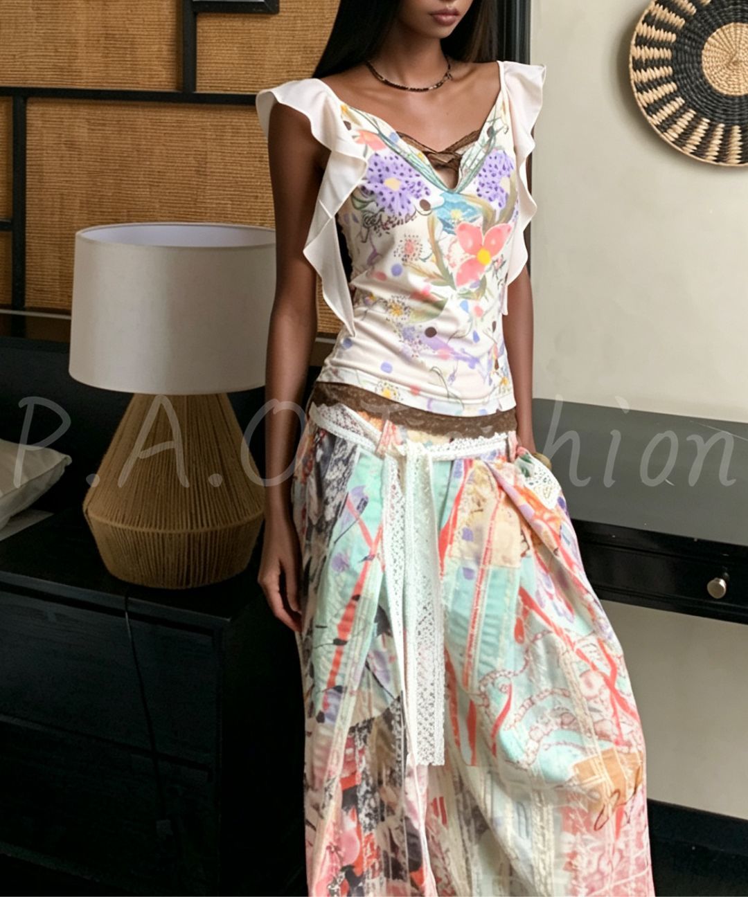French Hand-Painted Floral Cami & Wide-Leg Pants Set