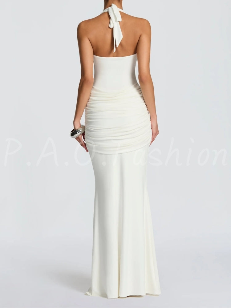Twist Halter Ruched Open-Back Mermaid Maxi Dress