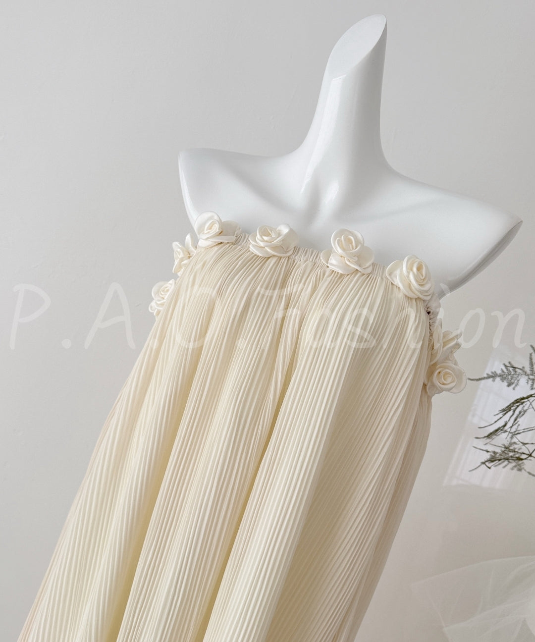 Strapless Pleated Chiffon Maxi Dress with Rosette Detail[Available Now]