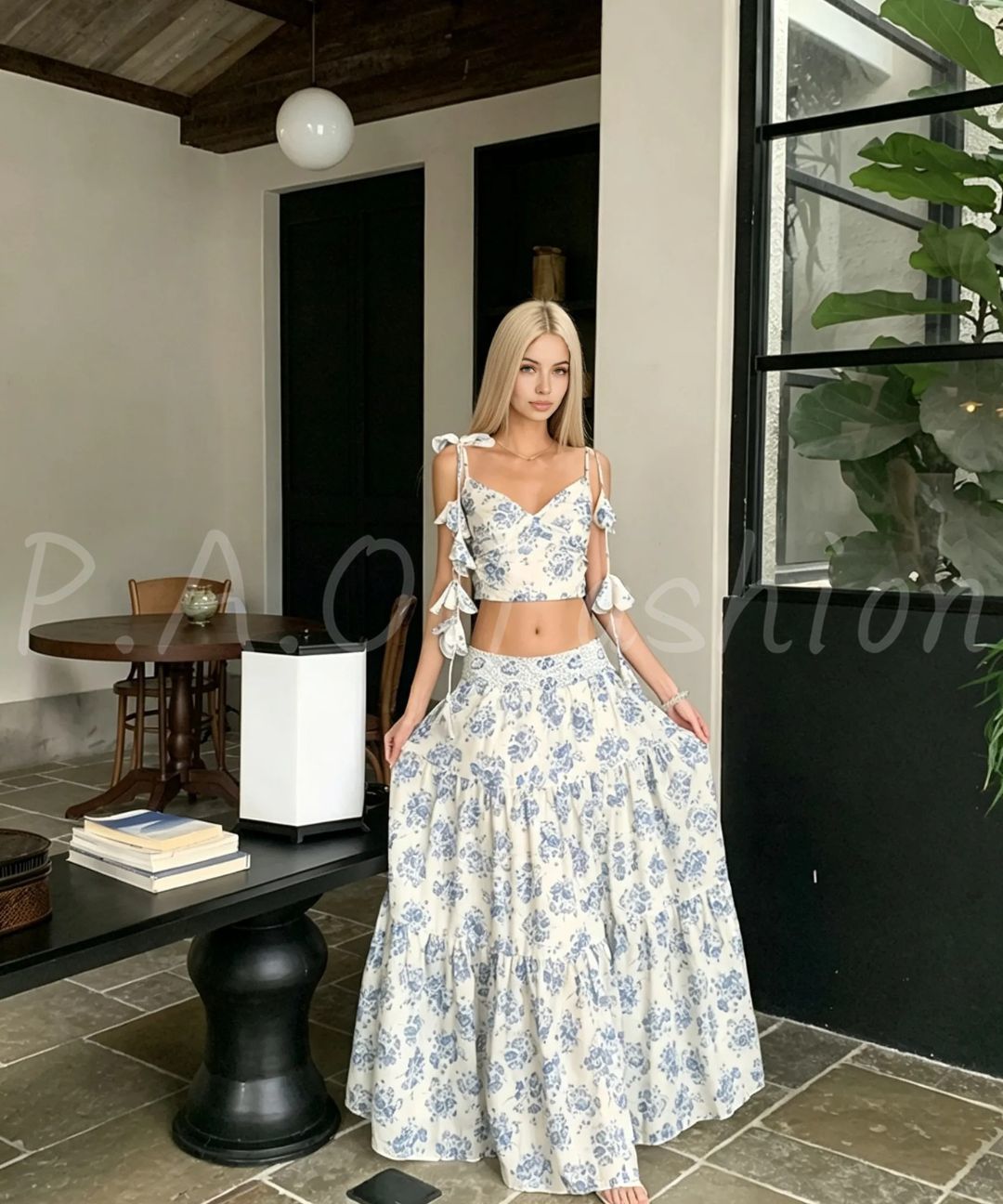 Blue Porcelain Floral Cami Top & Tiered Maxi Skirt Set
