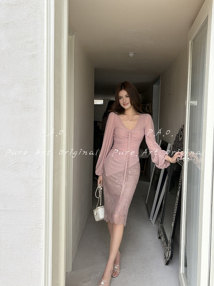 V-Neck Mesh Lace Skirt Set