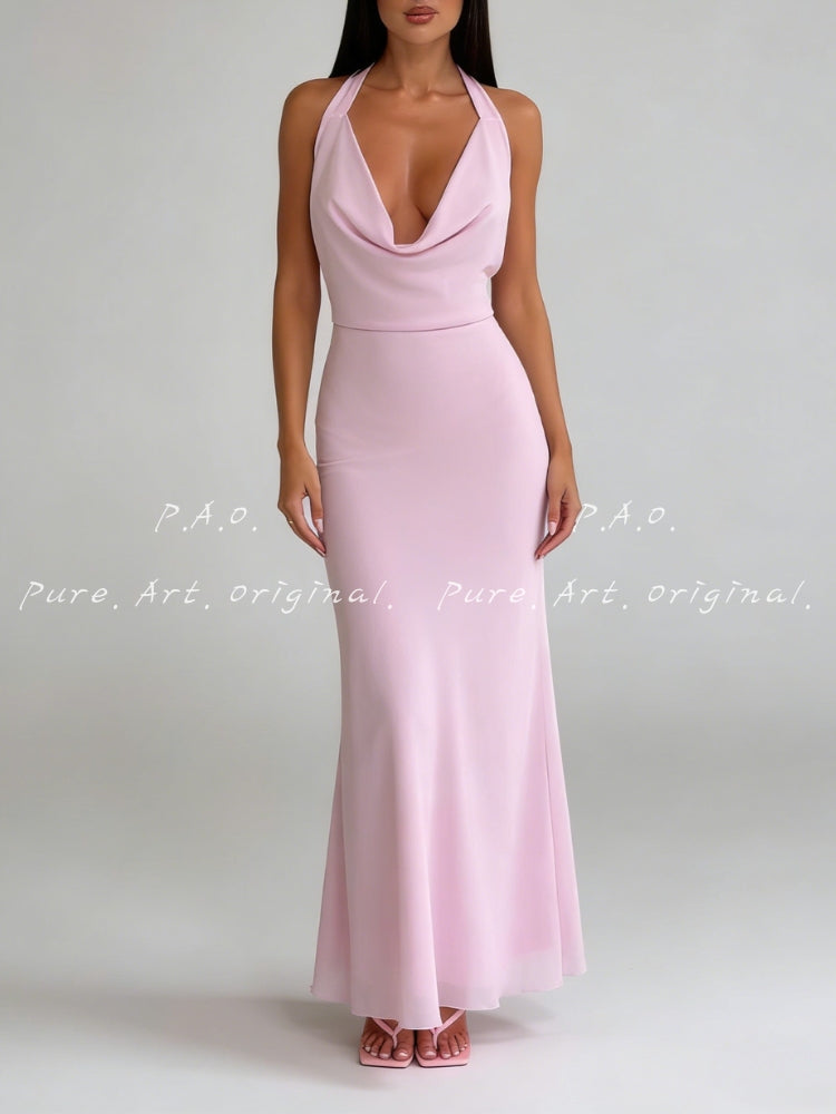 HALTER BACKLESS CHIFFON MERMAID DRESS