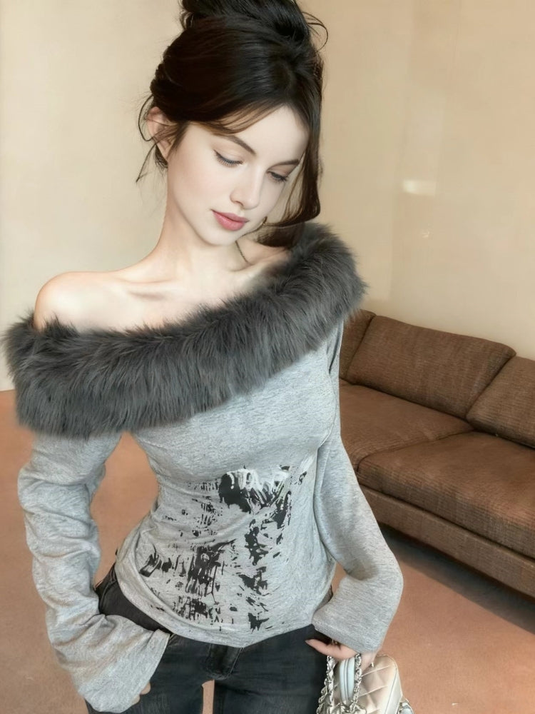 Faux Mink Off-Shoulder Convertible Long Sleeve T-Shirt