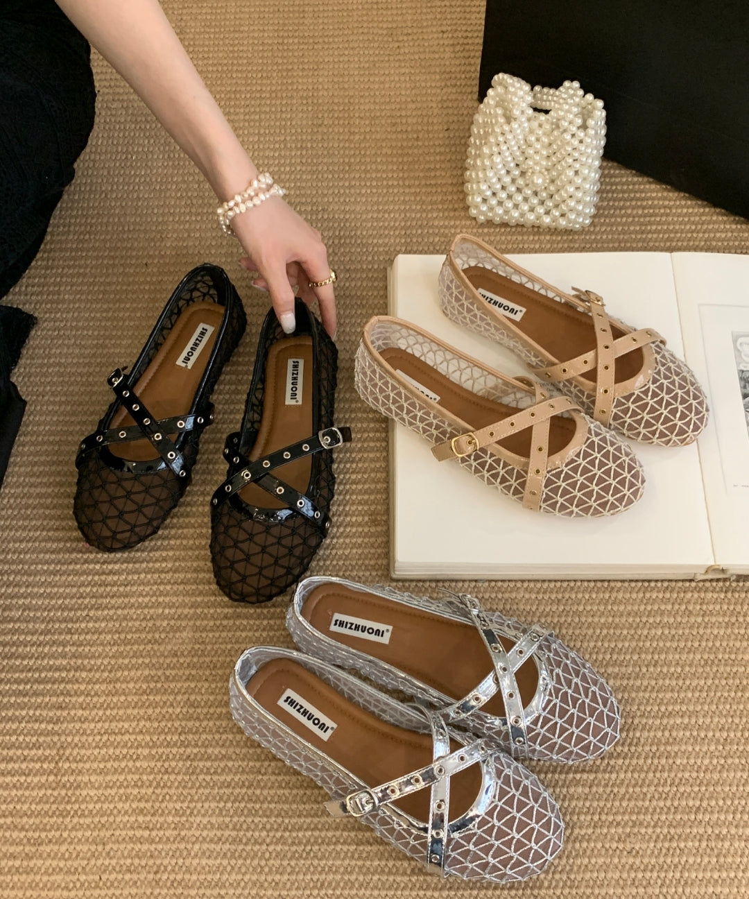 Fishnet Mesh Mary Jane Flats with Double Strap