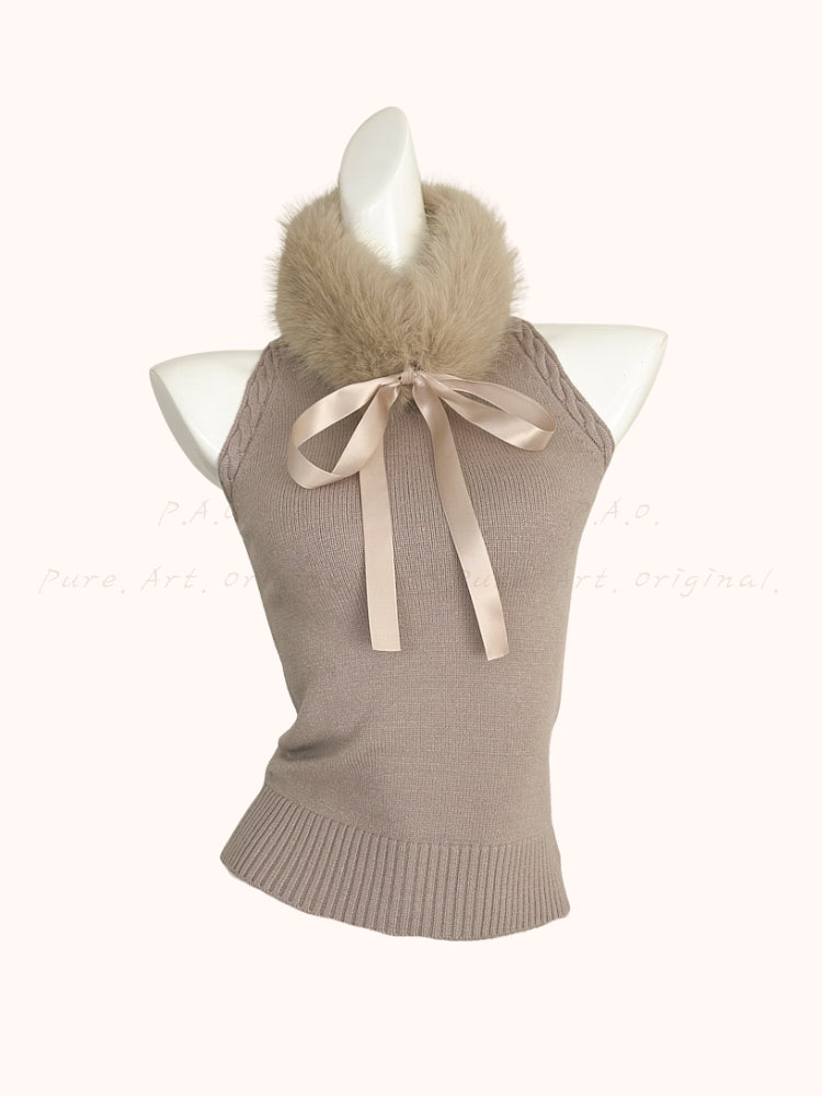 Bow-Tie Faux Fur Collar Knit Top