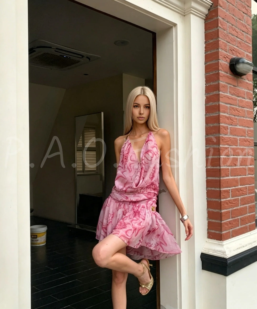 Printed Draped Halter Mini Dress