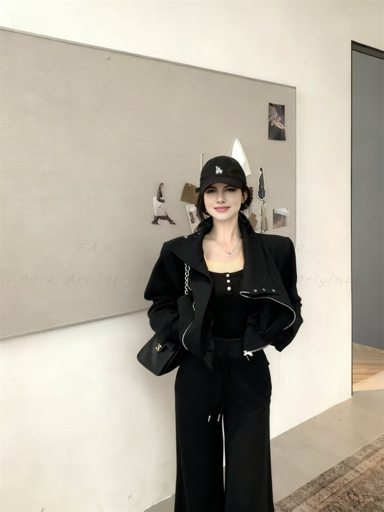 Slim-Fit Asymmetrical Zip Mock Neck Sweatshirt & Flared Pants Set