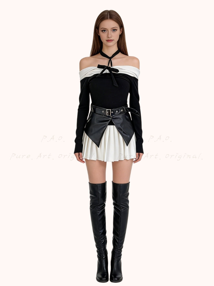 Contrast Off-Shoulder Halter Top & Pleated Skirt Set