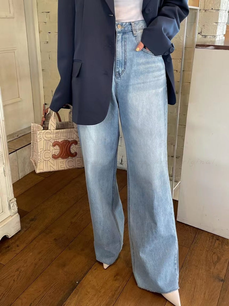 Vintage High-Waist Heart Print Washed Wide-Leg Jeans