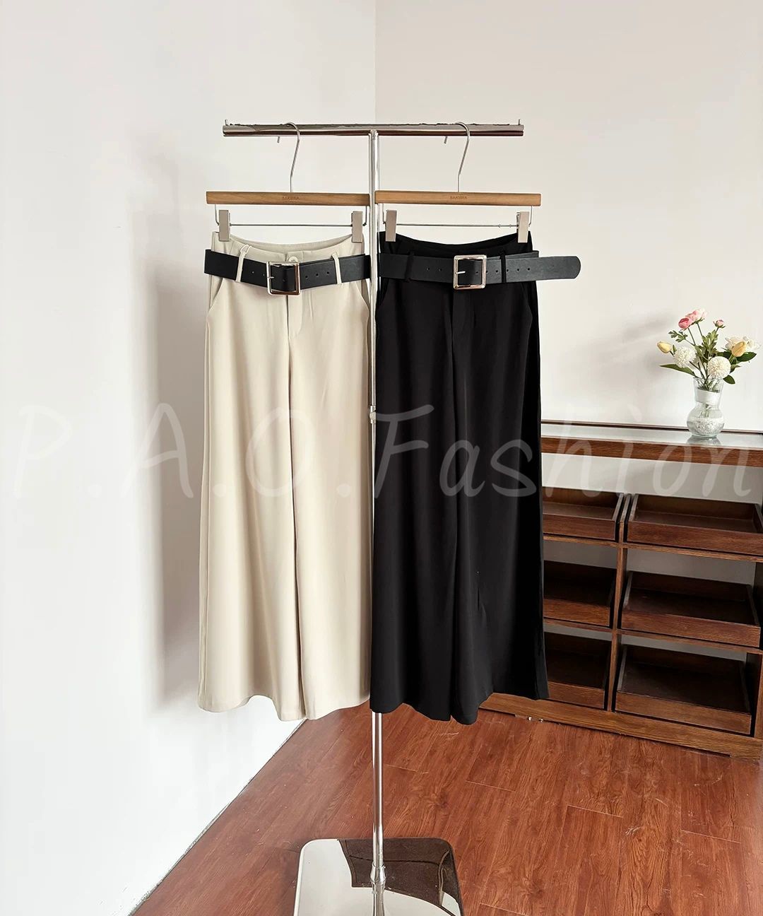 High Waist Draped Wide Leg Suit Pants with Belt