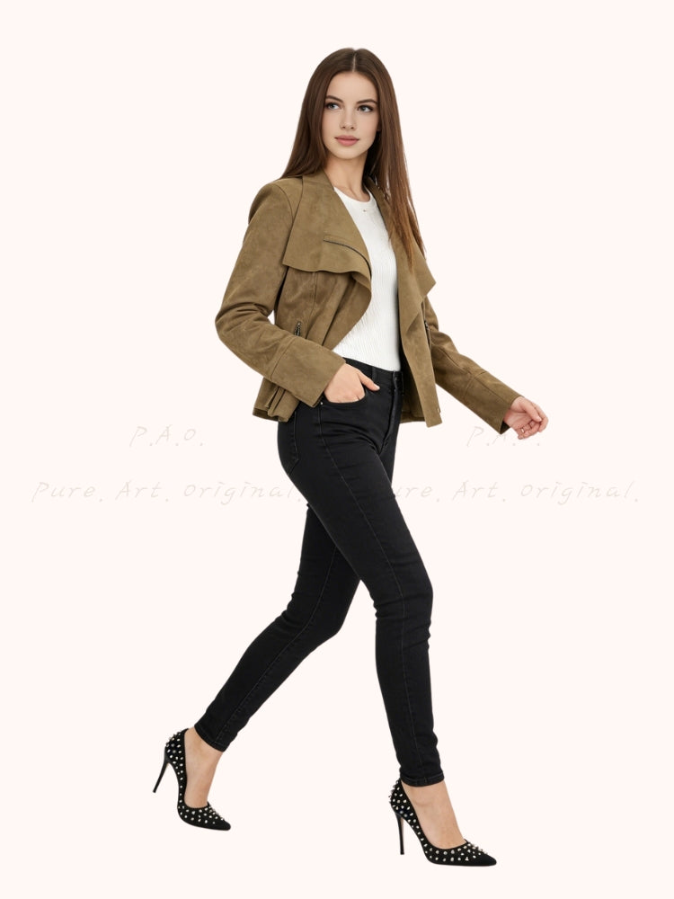 Oversized Collar Suede-Finish Slim Waist Short Coat