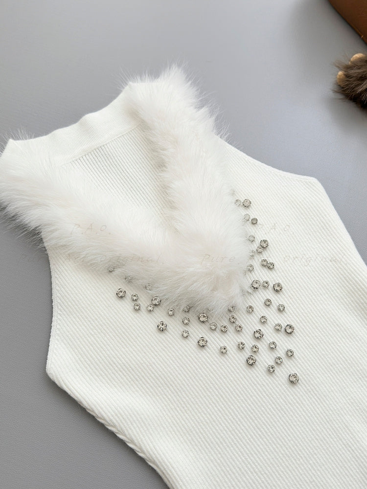 Faux Fox Fur & Hand-Embellished Rhinestone Knit Vest
