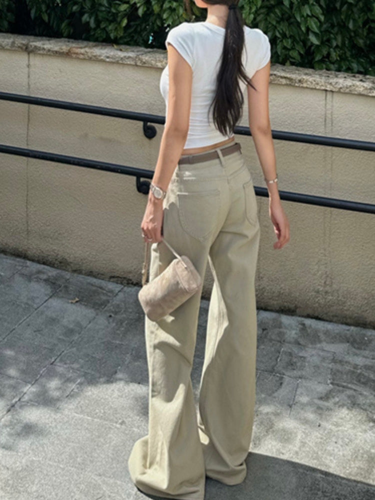 Light Khaki Straight-Leg Casual Flared Pants
