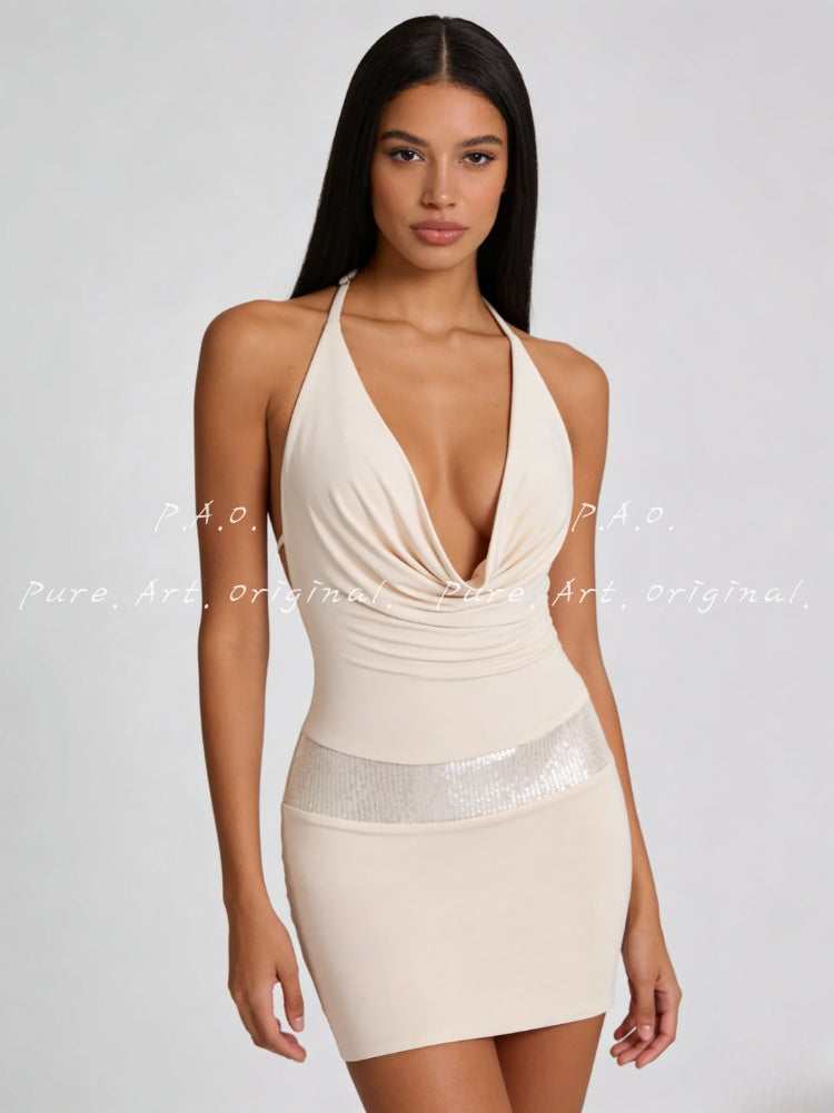 Halter Cowl Neck Sequin Bodycon Mini Dress