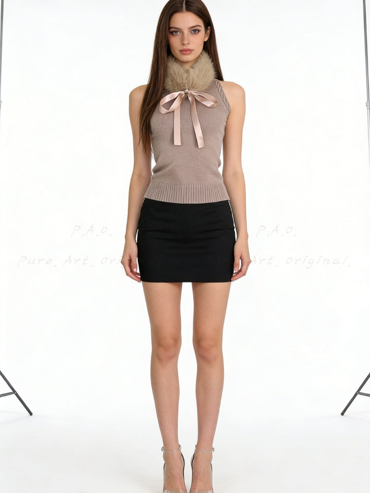 Bow-Tie Faux Fur Collar Knit Top