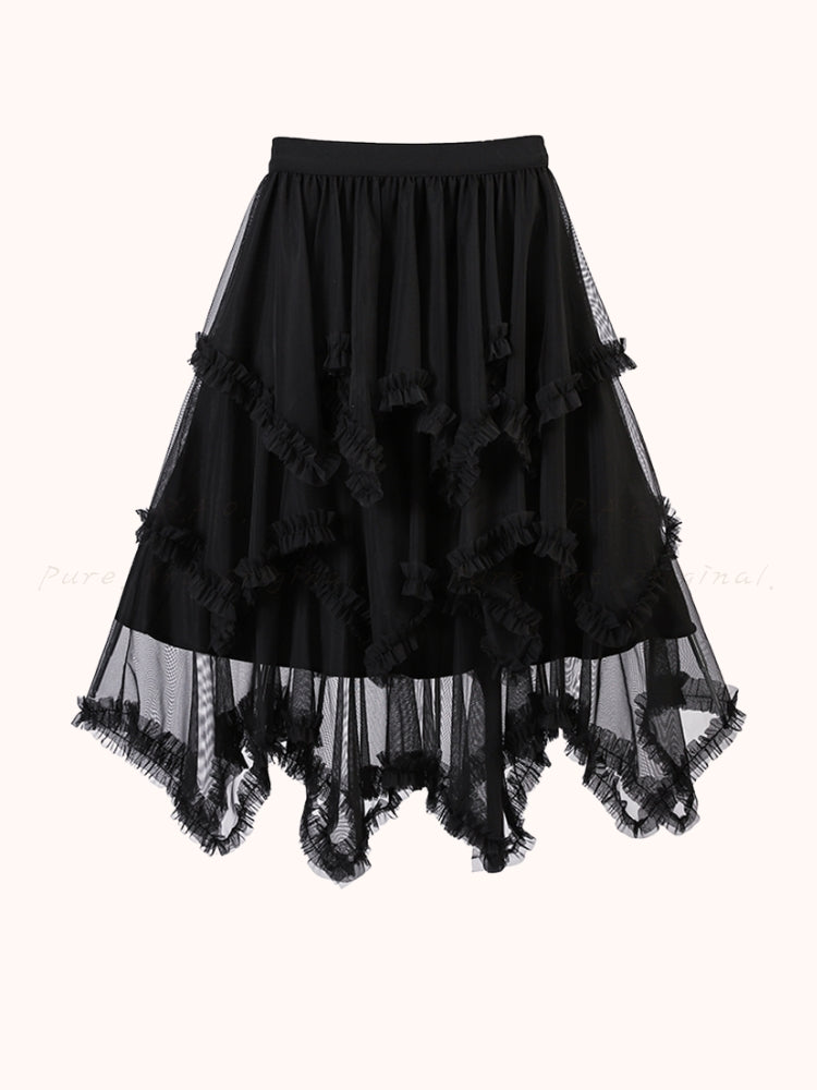 Ruffled Mesh Panel Midi Skirt