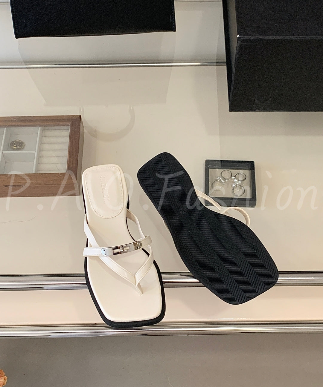 Square Toe Thong Sandals with Metal Detail