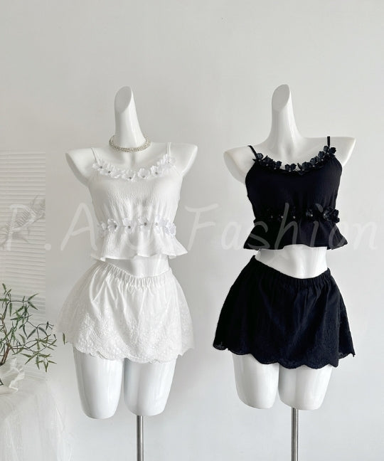 3D Floral Lace Trim Top & Bubble Texture Skirt Set[Available Now]