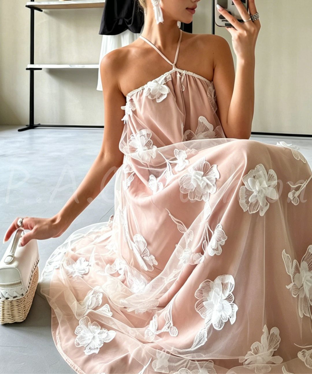 Floral Halter Mesh Maxi Dress