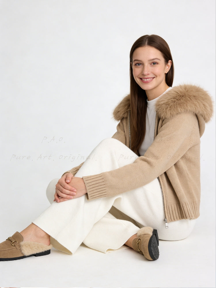 Large Faux Fox Fur Hooded Zip-Up Cardigan