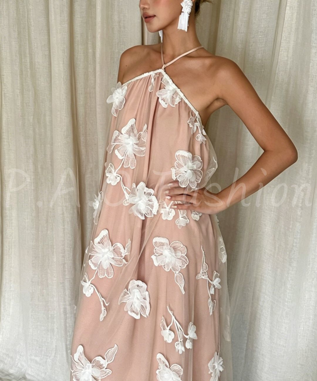 Floral Halter Mesh Maxi Dress