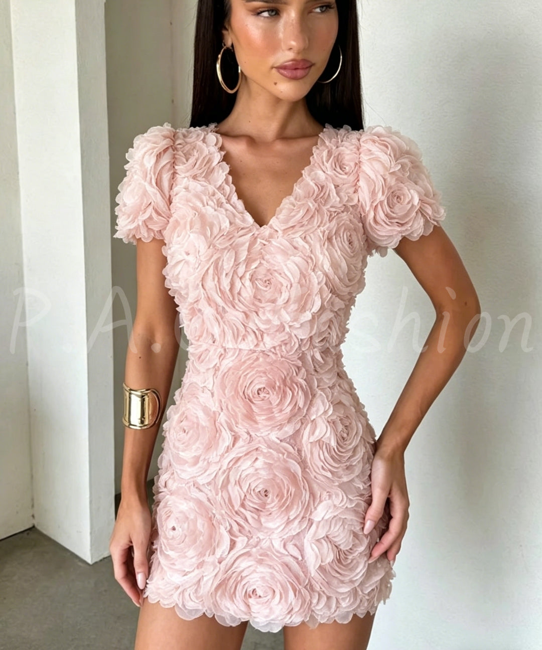 3D Rose Embellished Puff Sleeve Dress[Available Now]
