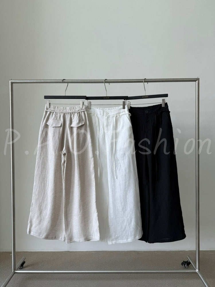 French Relaxed Linen Drawstring Wide-Leg Pants
