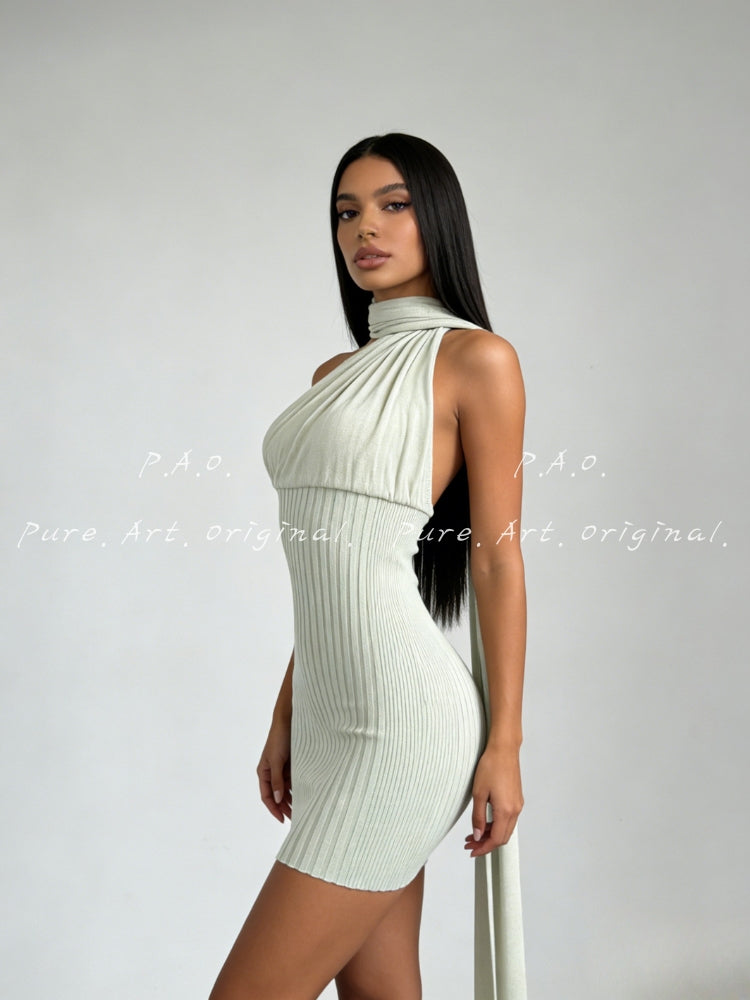 Asymmetrical Halter Tie Ribbed Bodycon Mini Dress