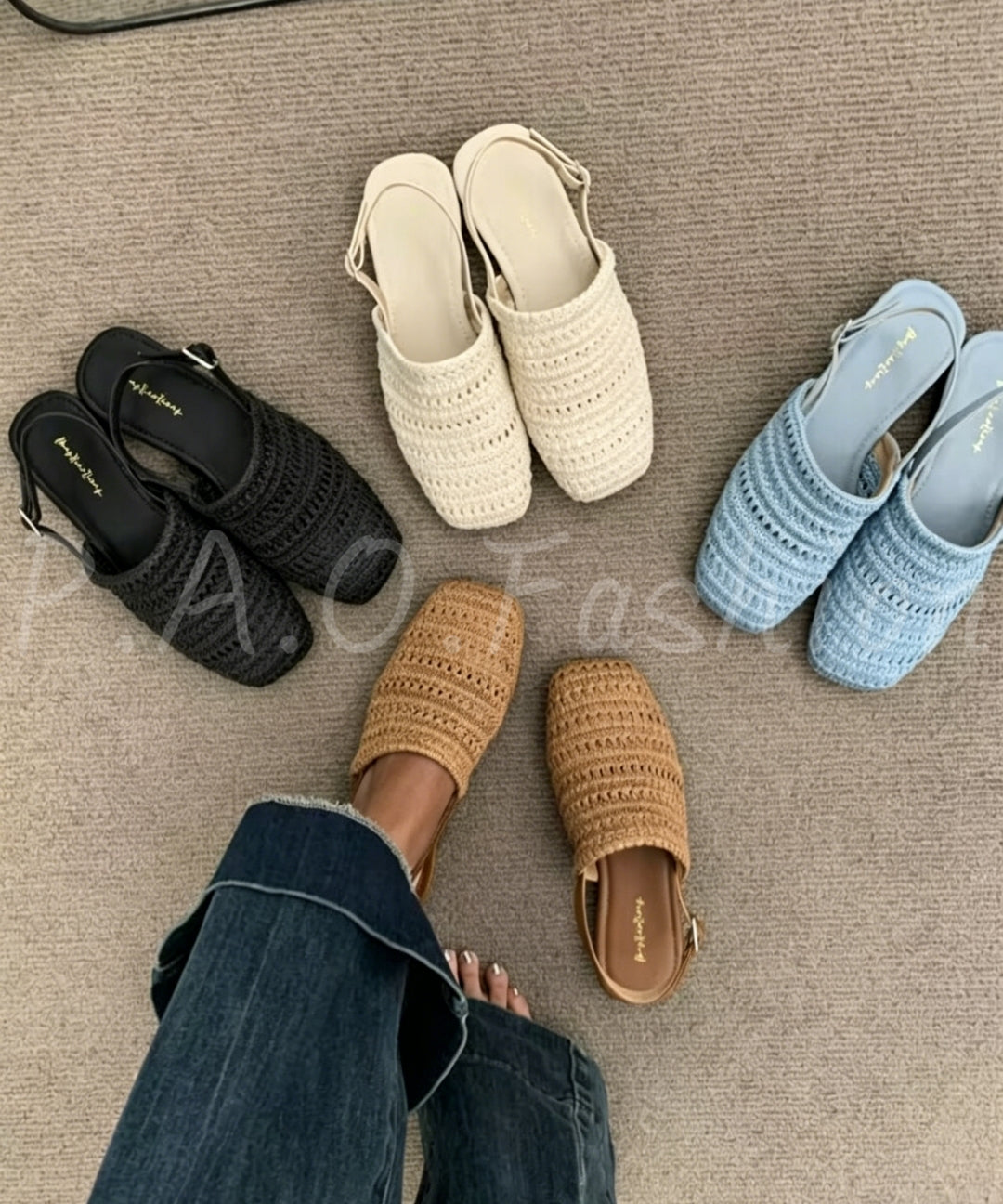 Woven Square-Toe Flat Sandals with Back Strap