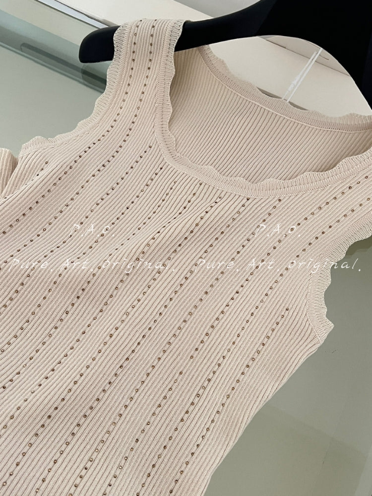 Sleeveless Ribbed Rhinestone Ruffle Knit Dress