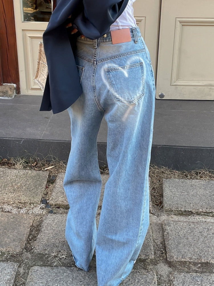 Vintage High-Waist Heart Print Washed Wide-Leg Jeans
