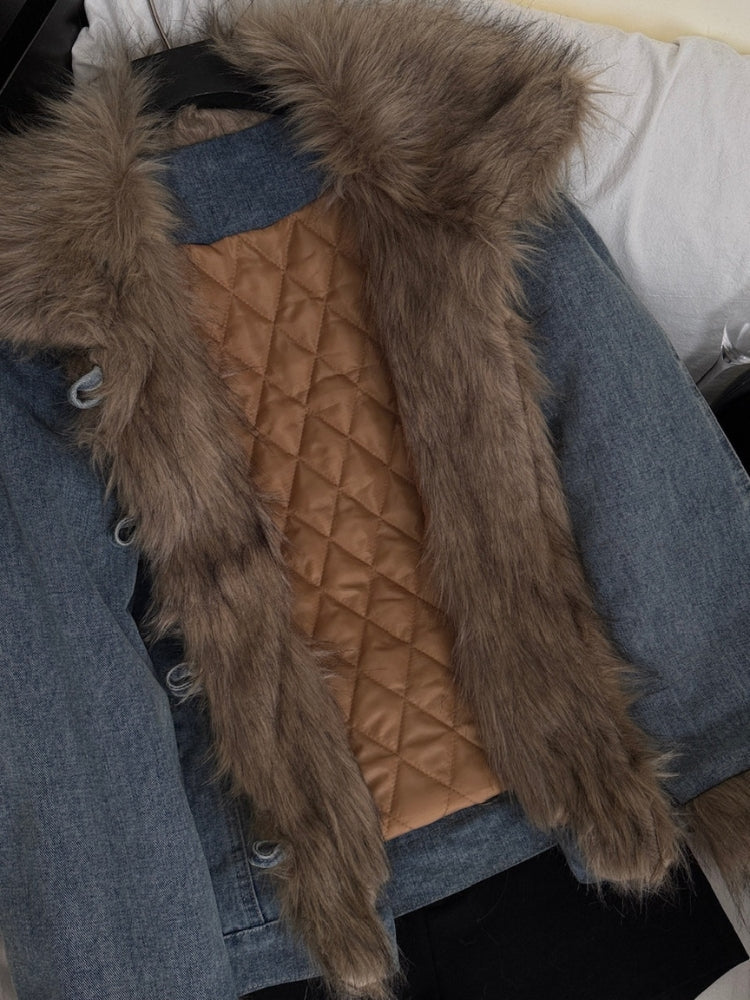Washed Denim Faux-Fur Patchwork Puffer Jacket