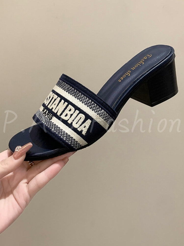 Embroidered Square-Toe Block Heel Slide Sandals