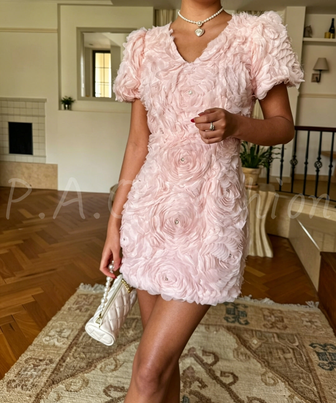 3D Rose Embellished Puff Sleeve Dress[Available Now]