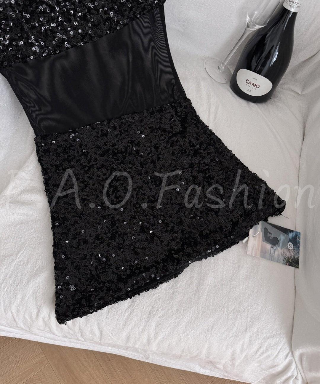 Black Sequin Mesh Panel Strapless Mini Dress[Available Now]