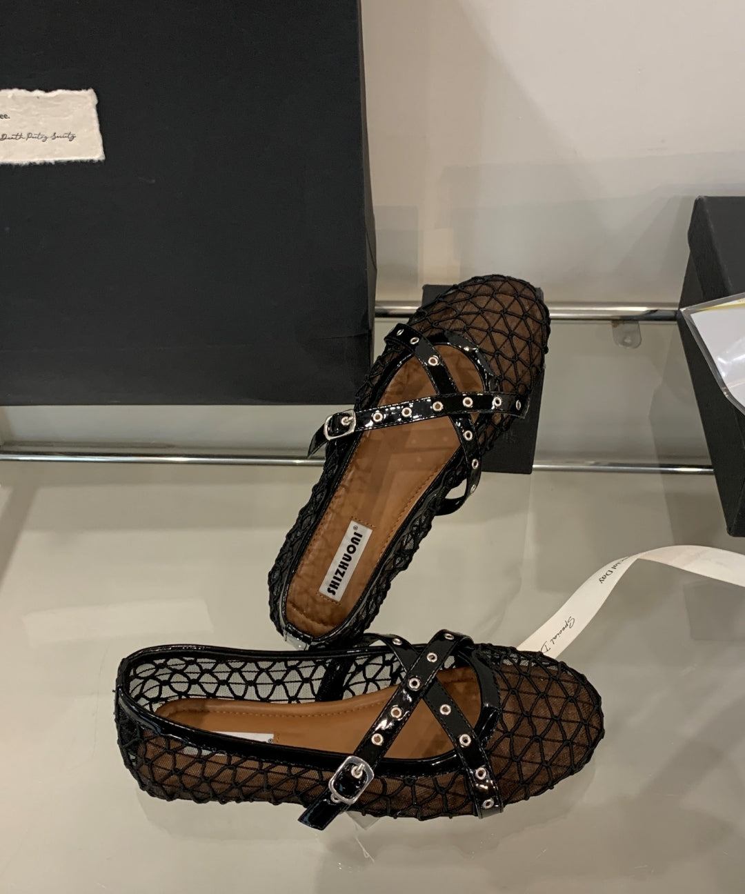 Fishnet Mesh Mary Jane Flats with Double Strap