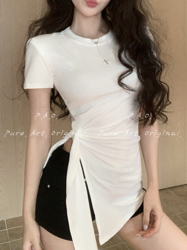 Side Ruched Tie-Up Crop Tee
