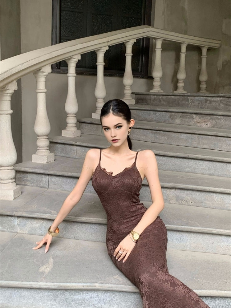 3D Floral Lace Waist-Cinching Maxi Dress