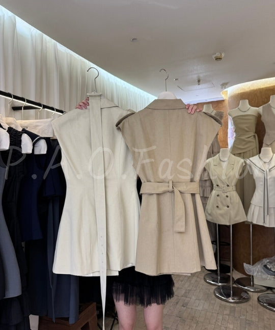 Sleeveless Double-Breasted Blazer Dress with Belt