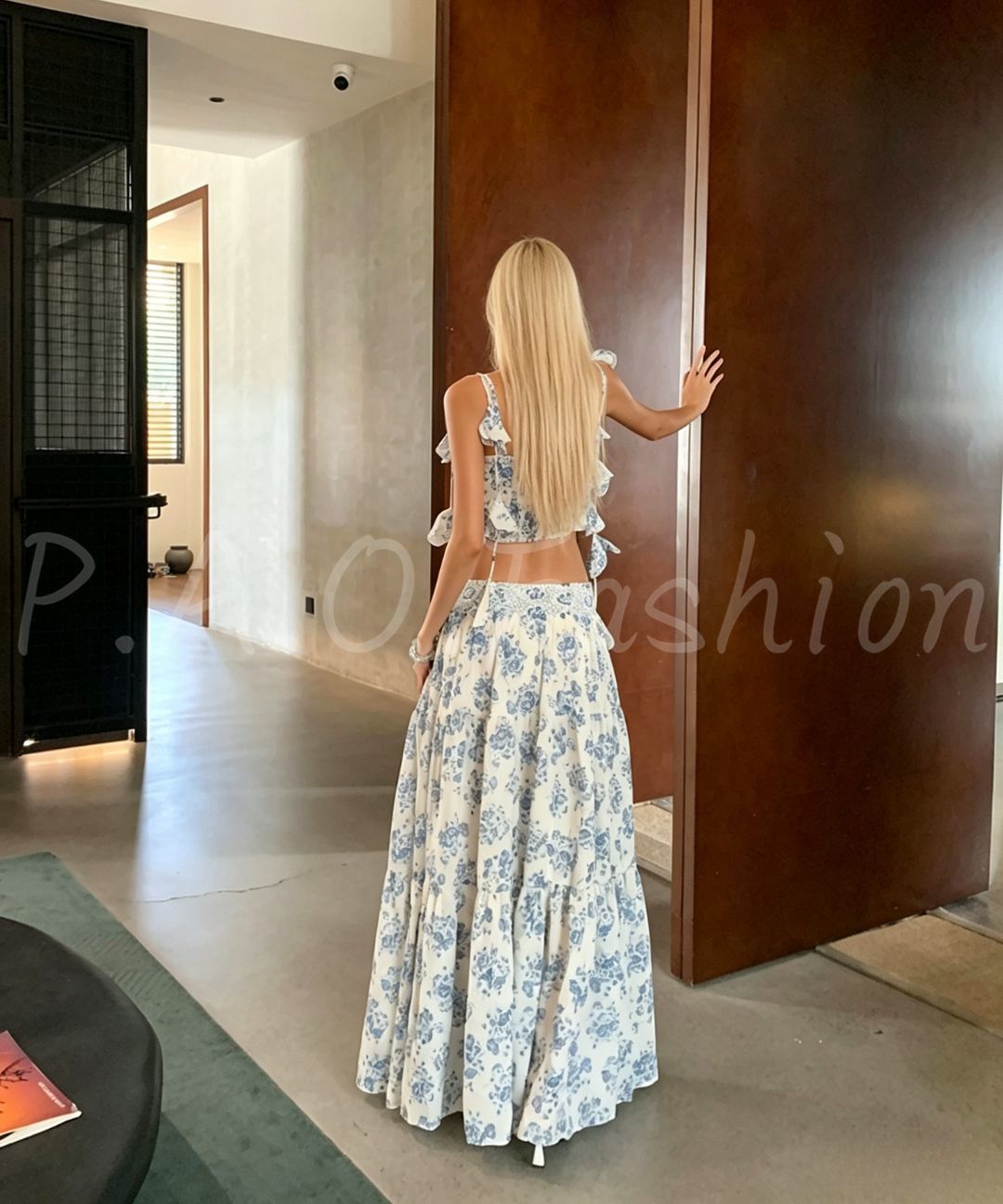 Blue Porcelain Floral Cami Top & Tiered Maxi Skirt Set