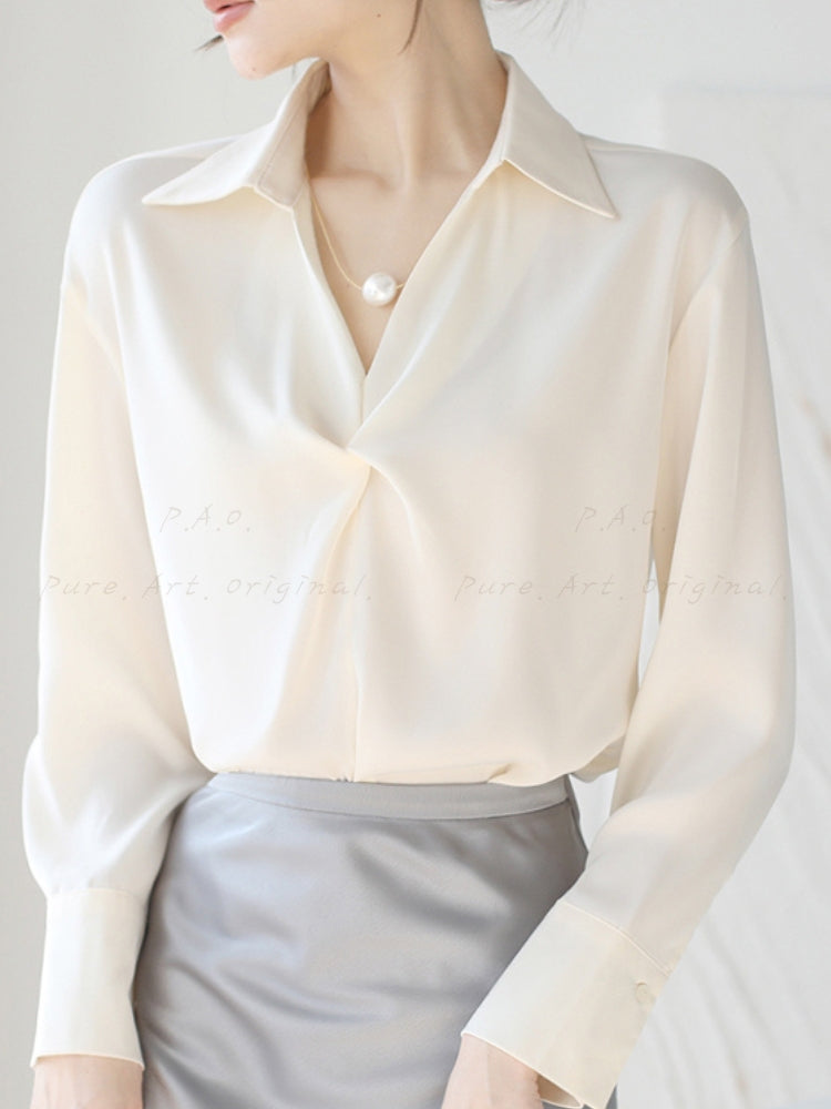 Satin Slim-Fit Shirt with Faux Pearl Necklace