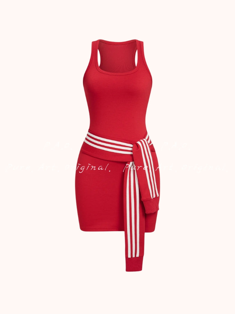 Striped U‑Neck Knotted Sleeveless Mini Dress