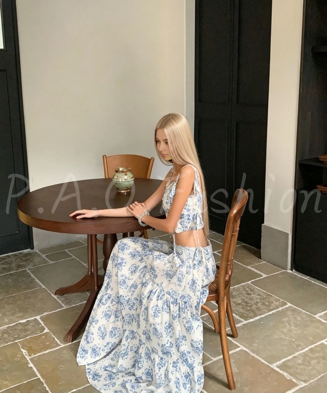 Blue Porcelain Floral Cami Top & Tiered Maxi Skirt Set