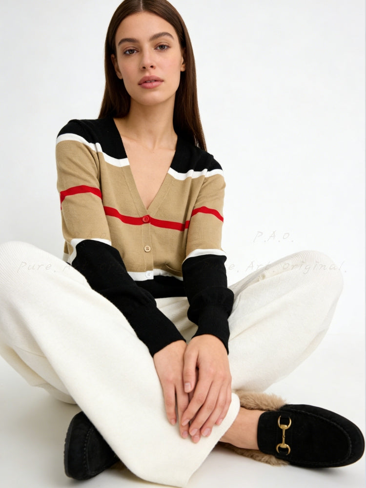 Striped Knit Fitted Cardigan